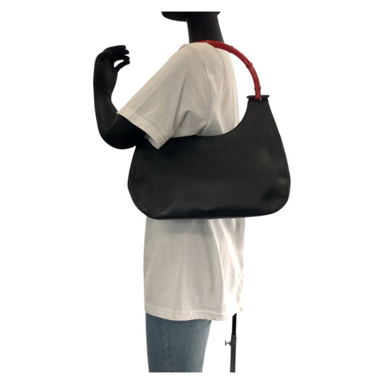 GUCCI Shoulder Bag 001 3739 leather Black Red SilverMetal Bamboo Women Used Authentic