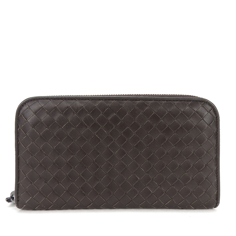 BOTTEGAVENETA Long Wallet Purse leather Dark brown INTRECCIATO Zip Around Women Used Authentic