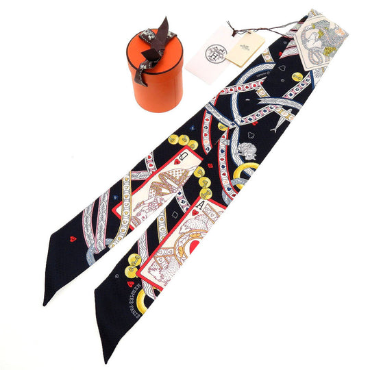 HERMES scarf silk black Beaded Pique Twilly Queen of Hearts DAME DE COEUR Women Used Authentic