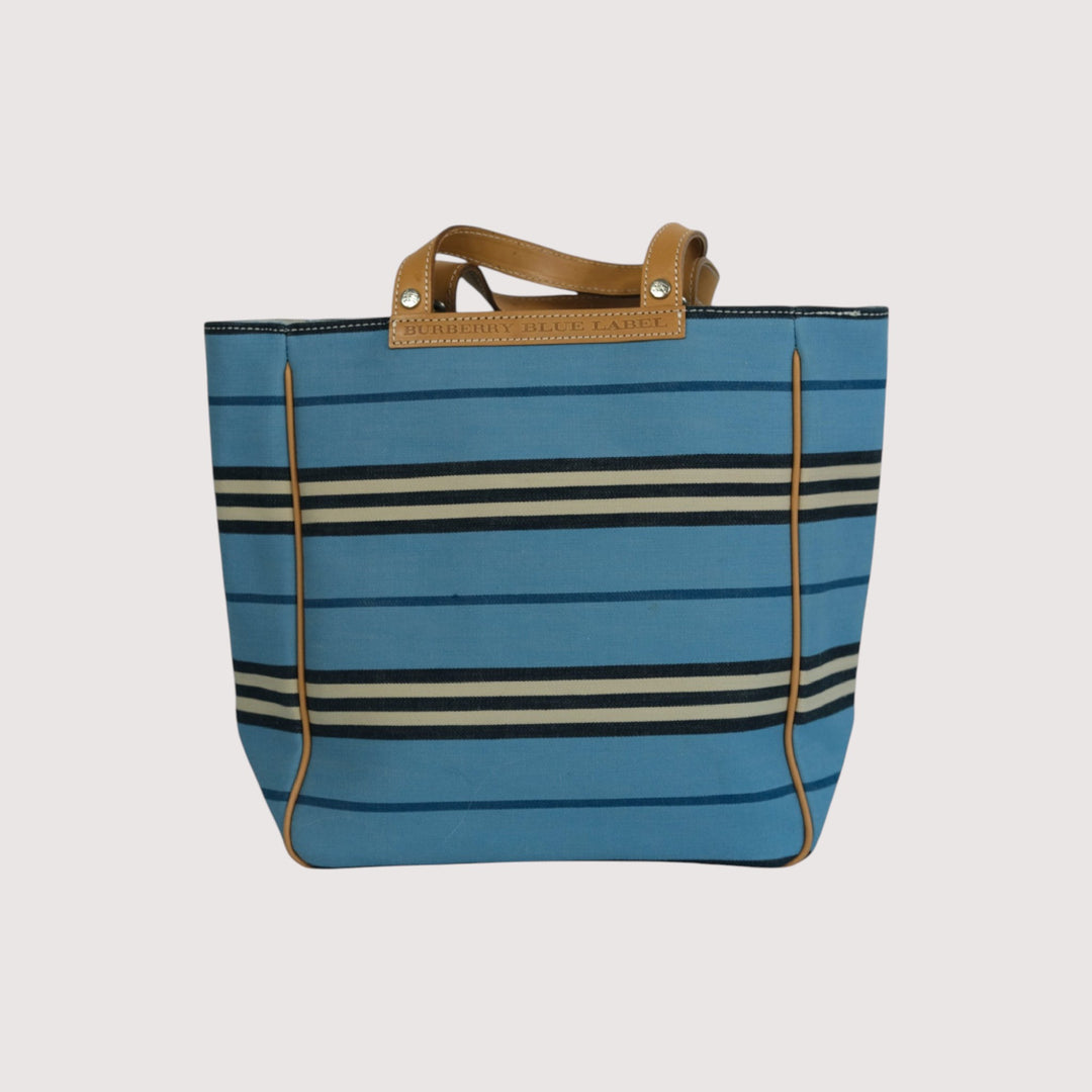 Burberry Blue Label Tote Bag Striped Canvas Leather Trim Blue Beige Women's Handbag