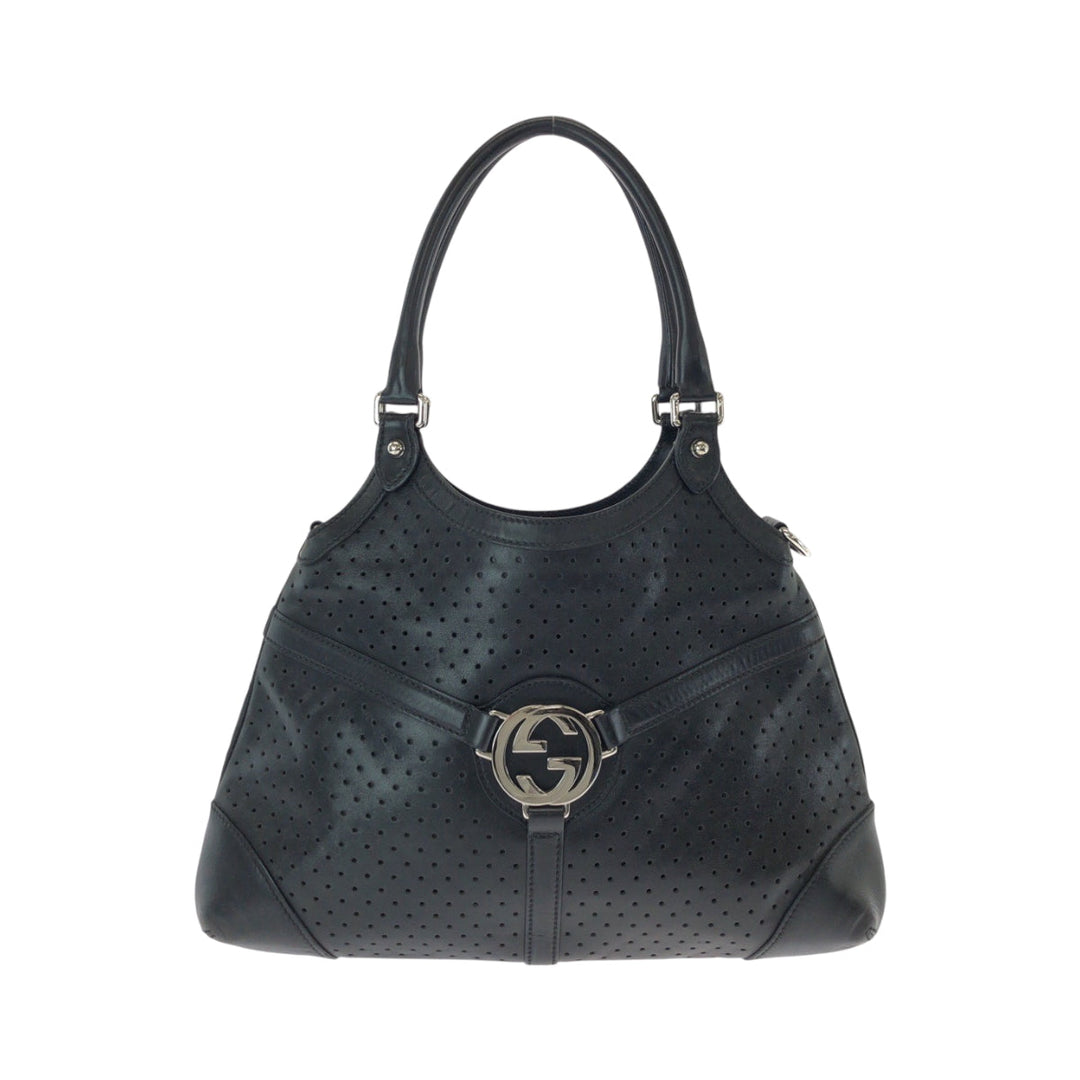 GUCCI Shoulder Bag 114875 leather Black SilverMetal Hobo Shoulder Bag Interlocking Women Used Authentic