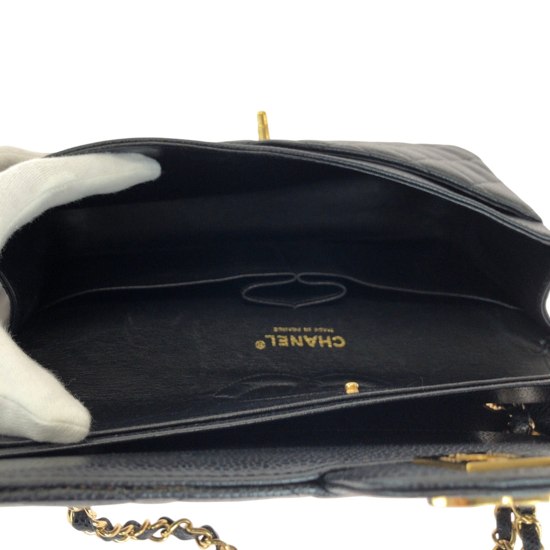 CHANEL Shoulder Bag Caviar skin black Mattasse double flap COCO Mark Turnlock