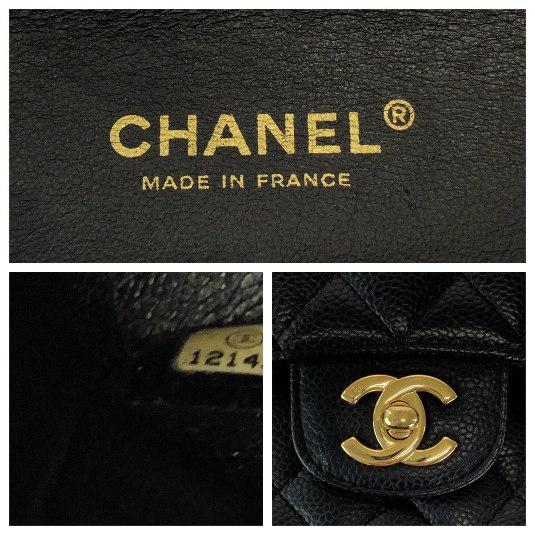 CHANEL Shoulder Bag Caviar skin black Mattasse double flap COCO Mark Turnlock