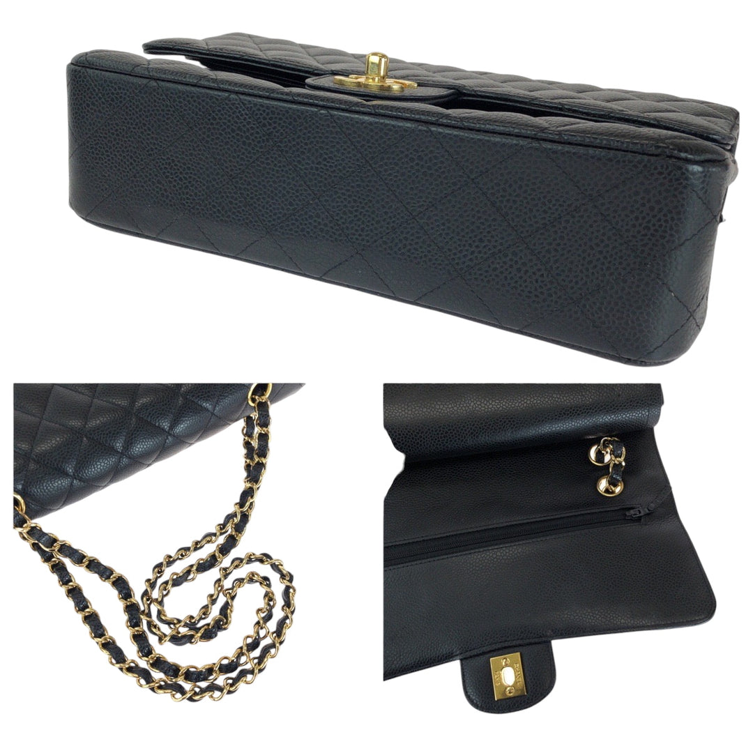 CHANEL Shoulder Bag Caviar skin black Mattasse double flap COCO Mark Turnlock
