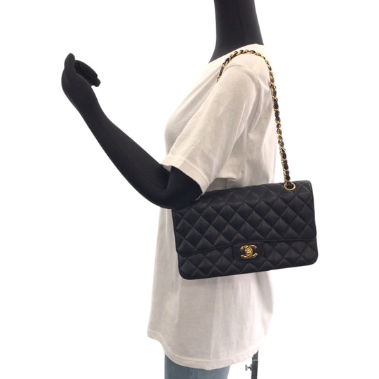 CHANEL Shoulder Bag Caviar skin black Mattasse double flap COCO Mark Turnlock
