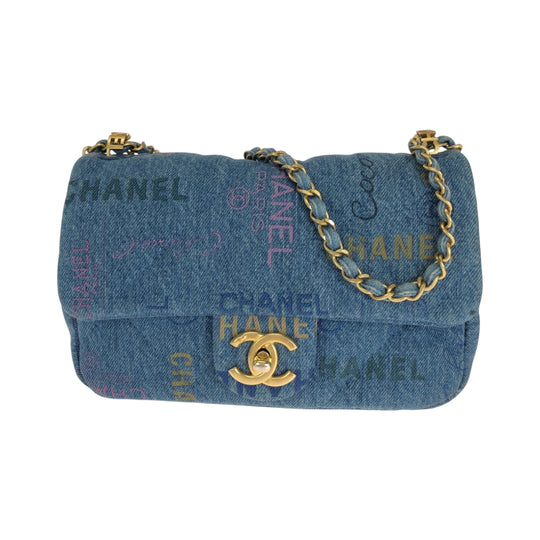 CHANEL Shoulder Bag cotton Denim Blue Gold Metal ChainShoulder Bag Crossbody Matelasse small flap COCO Mark Turnlock Women Used Authentic