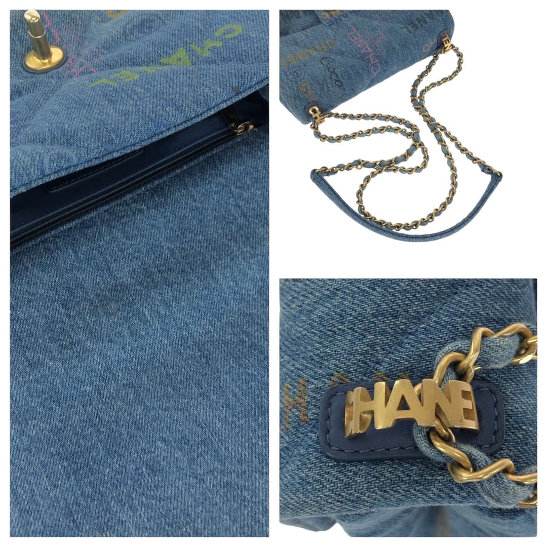CHANEL Shoulder Bag cotton Denim Blue Gold Metal ChainShoulder Bag Crossbody Matelasse small flap COCO Mark Turnlock Women Used Authentic