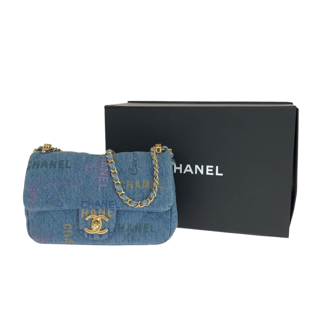 CHANEL Shoulder Bag cotton Denim Blue Gold Metal ChainShoulder Bag Crossbody Matelasse small flap COCO Mark Turnlock Women Used Authentic