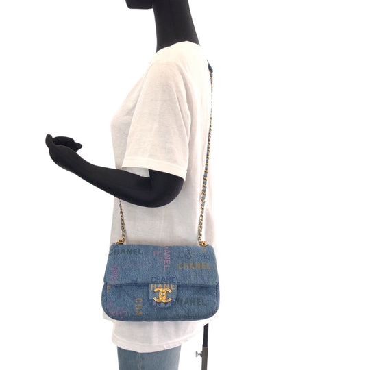CHANEL Shoulder Bag cotton Denim Blue Gold Metal ChainShoulder Bag Crossbody Matelasse small flap COCO Mark Turnlock Women Used Authentic