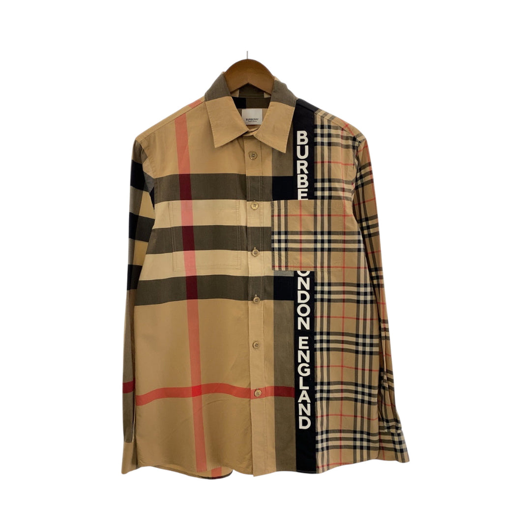 BURBERRY Long sleeve shirt cotton Brown multicolor Long sleeve shirt Check Pattern Logo print patchwork mens XS Used Authentic