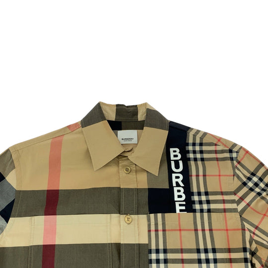 BURBERRY Long sleeve shirt cotton Brown multicolor Long sleeve shirt Check Pattern Logo print patchwork mens XS Used Authentic
