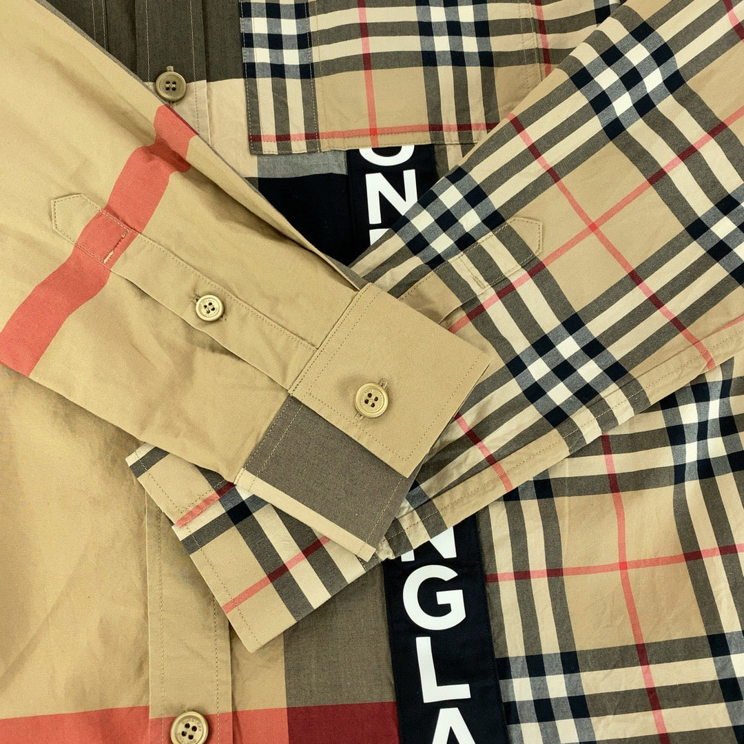 BURBERRY Long sleeve shirt cotton Brown multicolor Long sleeve shirt Check Pattern Logo print patchwork mens XS Used Authentic