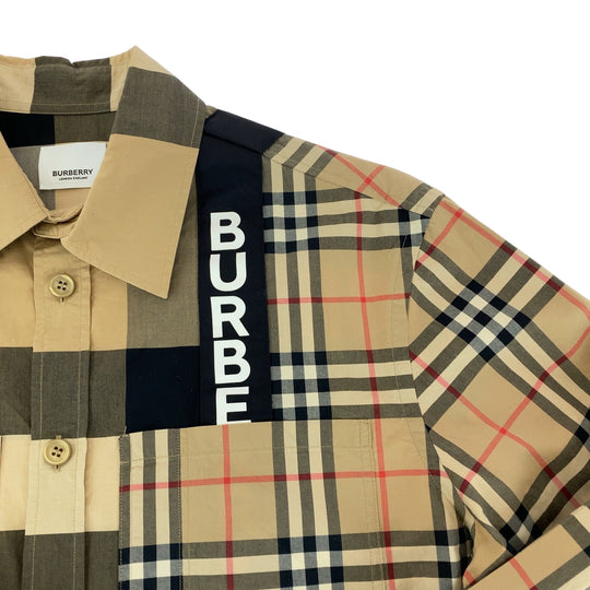 BURBERRY Long sleeve shirt cotton Brown multicolor Long sleeve shirt Check Pattern Logo print patchwork mens XS Used Authentic