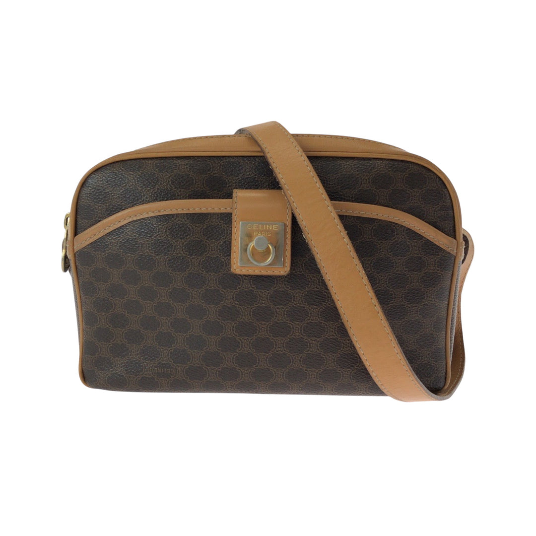 CELINE Shoulder Bag M13 PVC Brown Gold Metal Shoulder Bag pochette Macadam Pattern Women Used Authentic