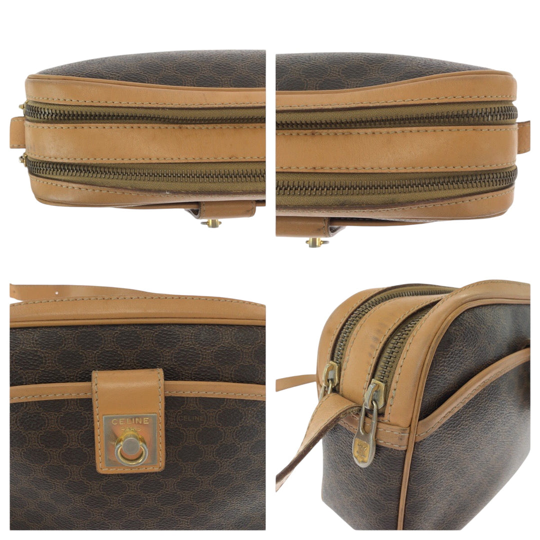 CELINE Shoulder Bag M13 PVC Brown Gold Metal Shoulder Bag pochette Macadam Pattern Women Used Authentic