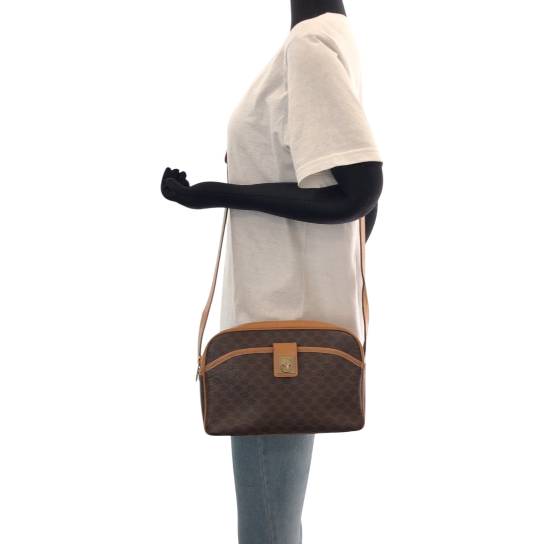 CELINE Shoulder Bag M13 PVC Brown Gold Metal Shoulder Bag pochette Macadam Pattern Women Used Authentic