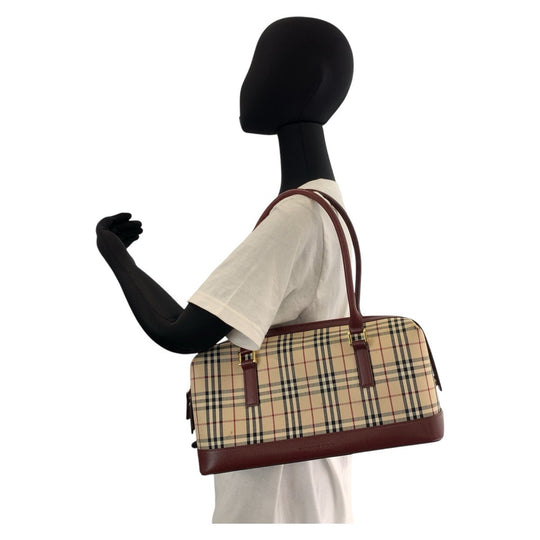BURBERRY Shoulder Bag Canvas, Leather Beige Bordeaux Gold Metal Shoulder Bag Check Pattern Women Used Authentic