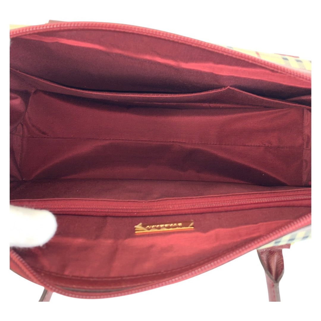 BURBERRY Shoulder Bag Canvas, Leather Beige Bordeaux Gold Metal Shoulder Bag Check Pattern Women Used Authentic
