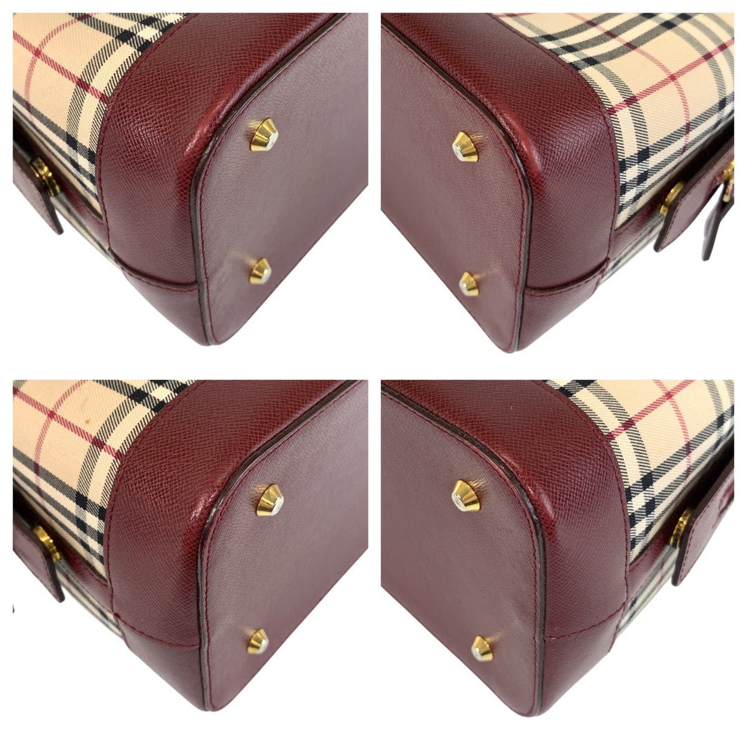 BURBERRY Shoulder Bag Canvas, Leather Beige Bordeaux Gold Metal Shoulder Bag Check Pattern Women Used Authentic