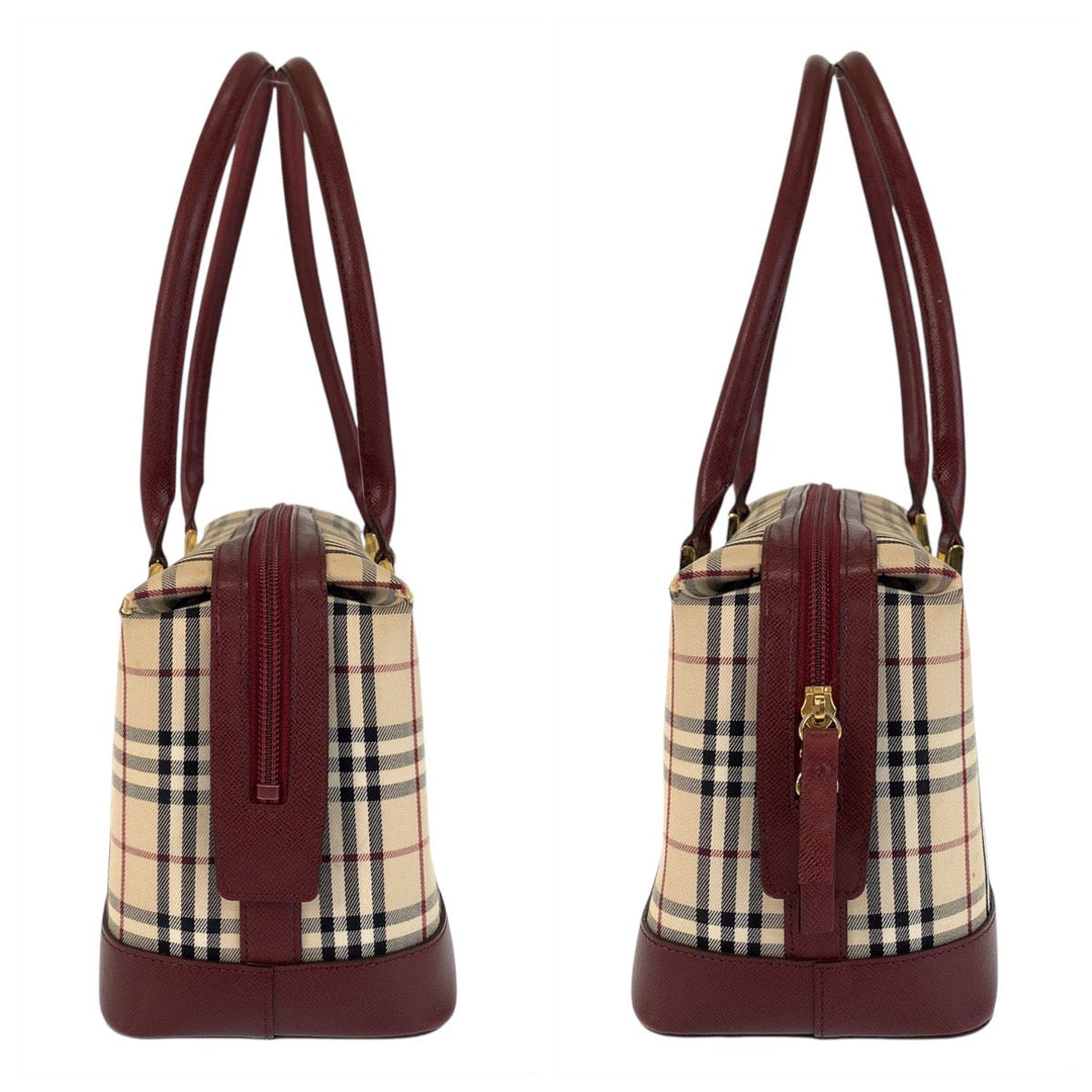 BURBERRY Shoulder Bag Canvas, Leather Beige Bordeaux Gold Metal Shoulder Bag Check Pattern Women Used Authentic