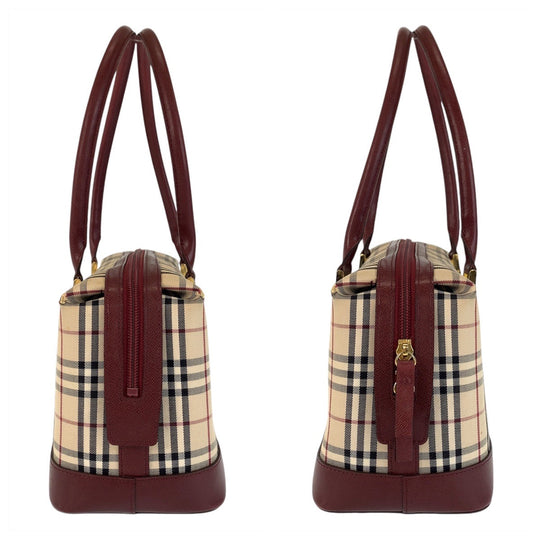 BURBERRY Shoulder Bag Canvas, Leather Beige Bordeaux Gold Metal Shoulder Bag Check Pattern Women Used Authentic