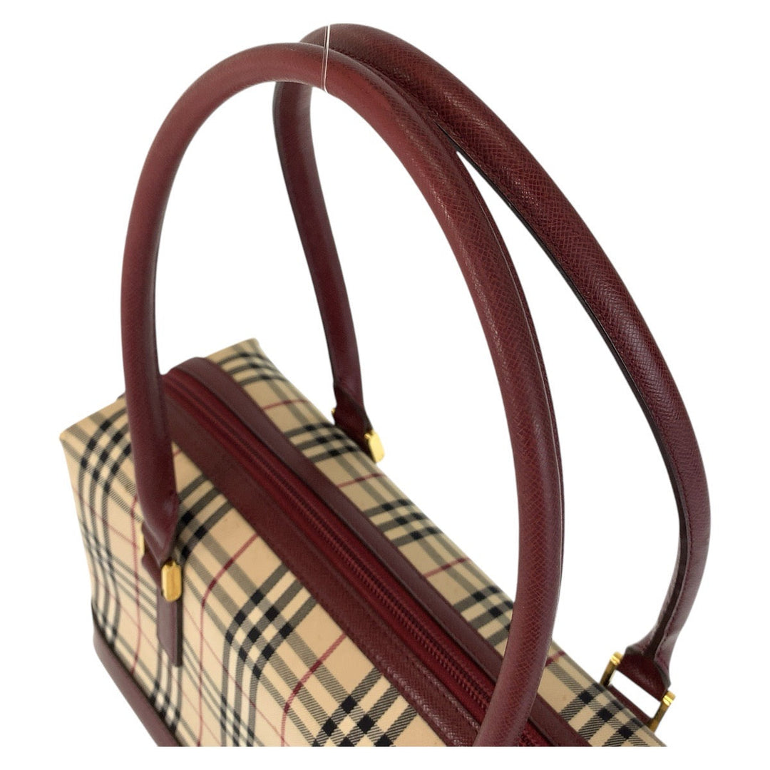 BURBERRY Shoulder Bag Canvas, Leather Beige Bordeaux Gold Metal Shoulder Bag Check Pattern Women Used Authentic