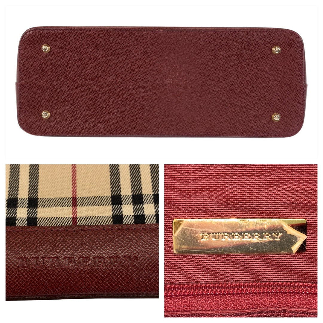 BURBERRY Shoulder Bag Canvas, Leather Beige Bordeaux Gold Metal Shoulder Bag Check Pattern Women Used Authentic