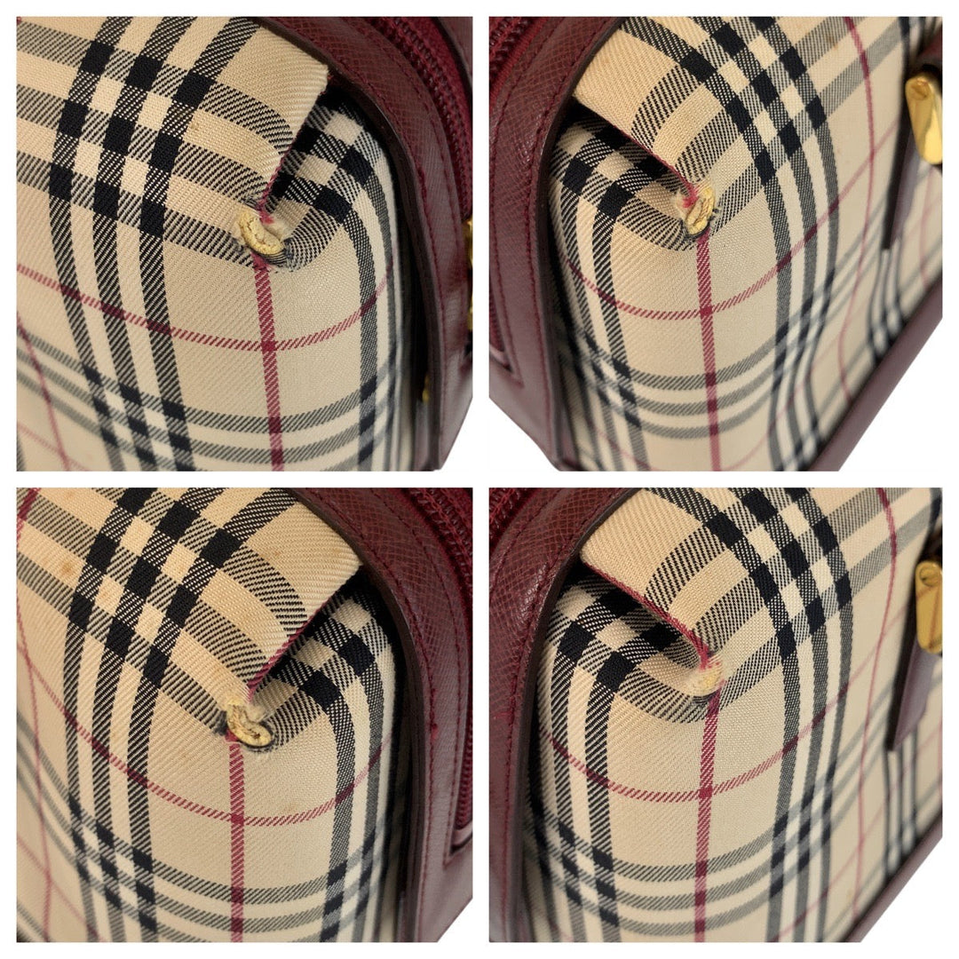 BURBERRY Shoulder Bag Canvas, Leather Beige Bordeaux Gold Metal Shoulder Bag Check Pattern Women Used Authentic
