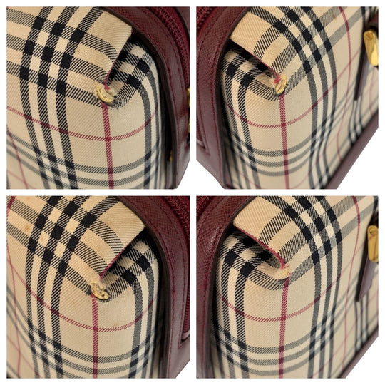 BURBERRY Shoulder Bag Canvas, Leather Beige Bordeaux Gold Metal Shoulder Bag Check Pattern Women Used Authentic