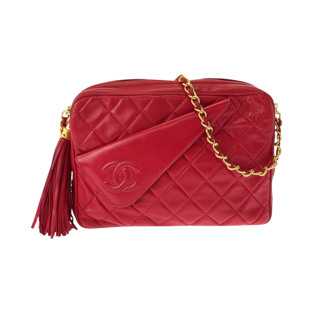 CHANEL Shoulder Bag leather Red Gold Metal ChainShoulder Bag Shoulder Matrasse COCO Mark Tassel Fringe Women Used Authentic