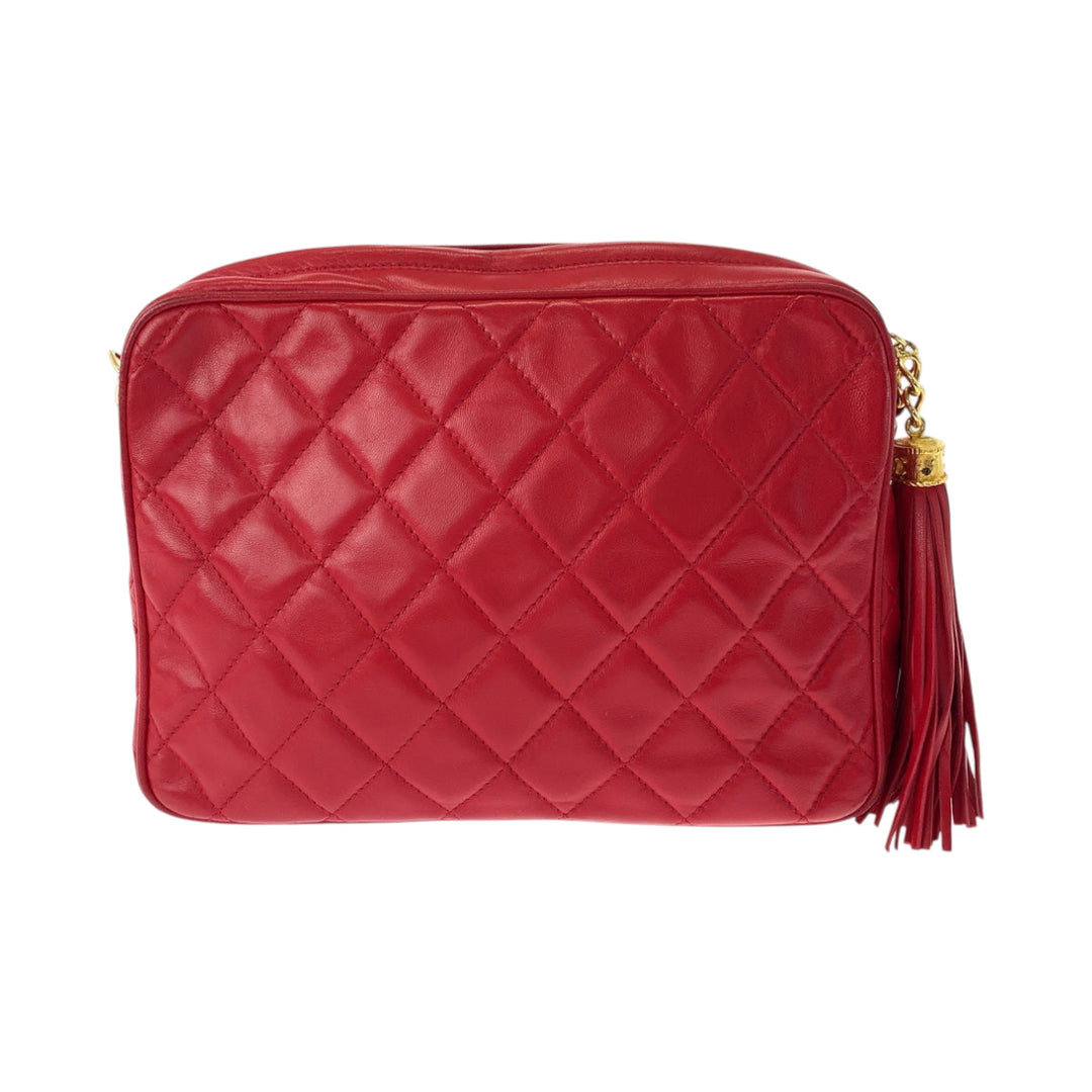 CHANEL Shoulder Bag leather Red Gold Metal ChainShoulder Bag Shoulder Matrasse COCO Mark Tassel Fringe Women Used Authentic