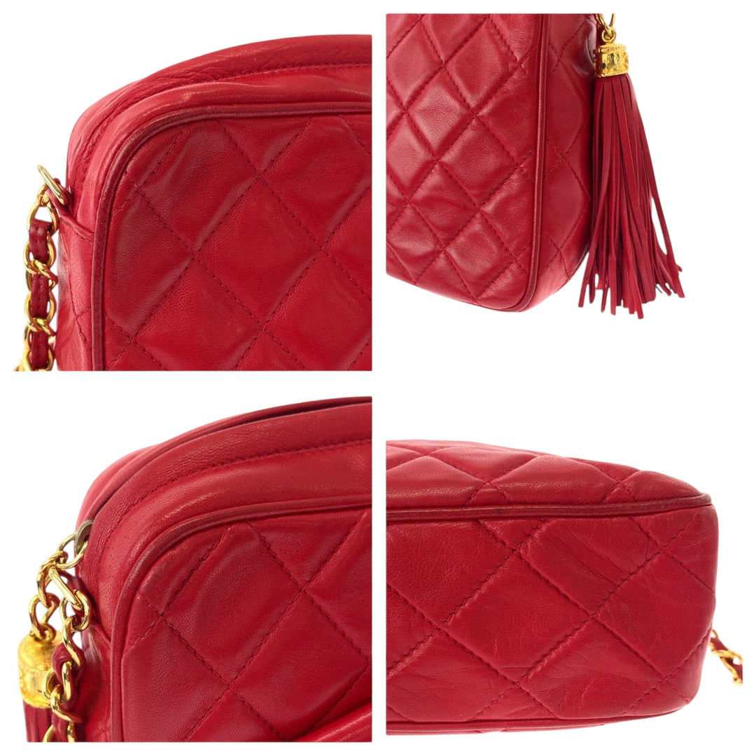 CHANEL Shoulder Bag leather Red Gold Metal ChainShoulder Bag Shoulder Matrasse COCO Mark Tassel Fringe Women Used Authentic