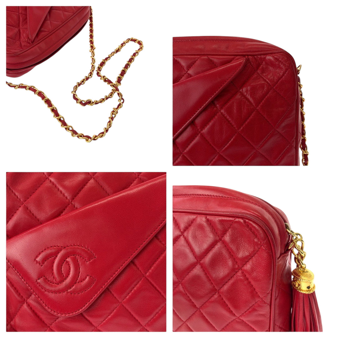 CHANEL Shoulder Bag leather Red Gold Metal ChainShoulder Bag Shoulder Matrasse COCO Mark Tassel Fringe Women Used Authentic