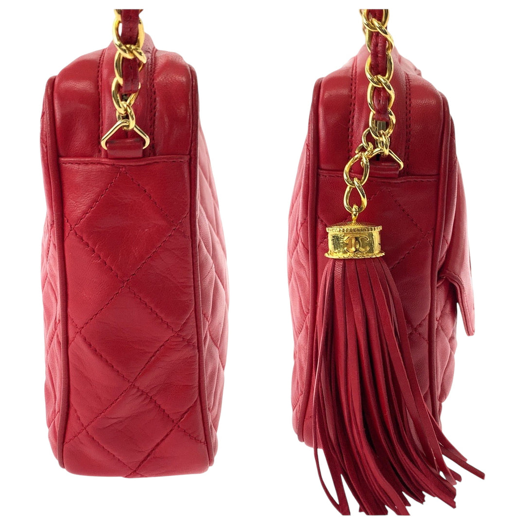 CHANEL Shoulder Bag leather Red Gold Metal ChainShoulder Bag Shoulder Matrasse COCO Mark Tassel Fringe Women Used Authentic