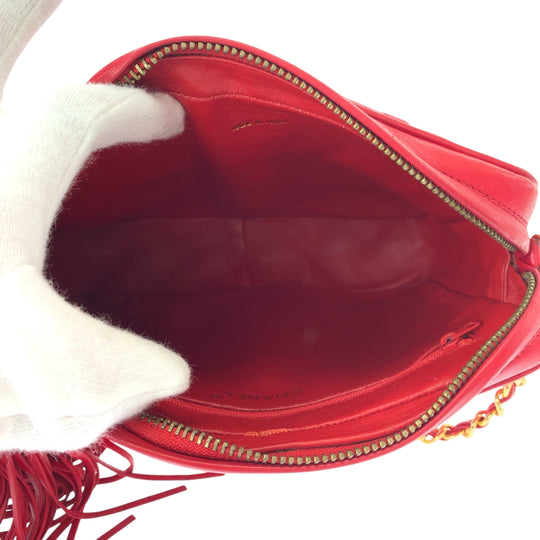 CHANEL Shoulder Bag leather Red Gold Metal ChainShoulder Bag Shoulder Matrasse COCO Mark Tassel Fringe Women Used Authentic