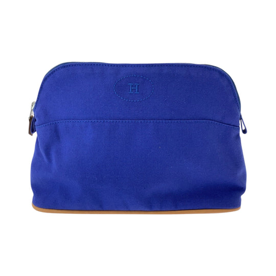 HERMES Pouch cotton Blue Brown SilverMetal Pouch Cosmetics Pouch Bored Women Used Authentic