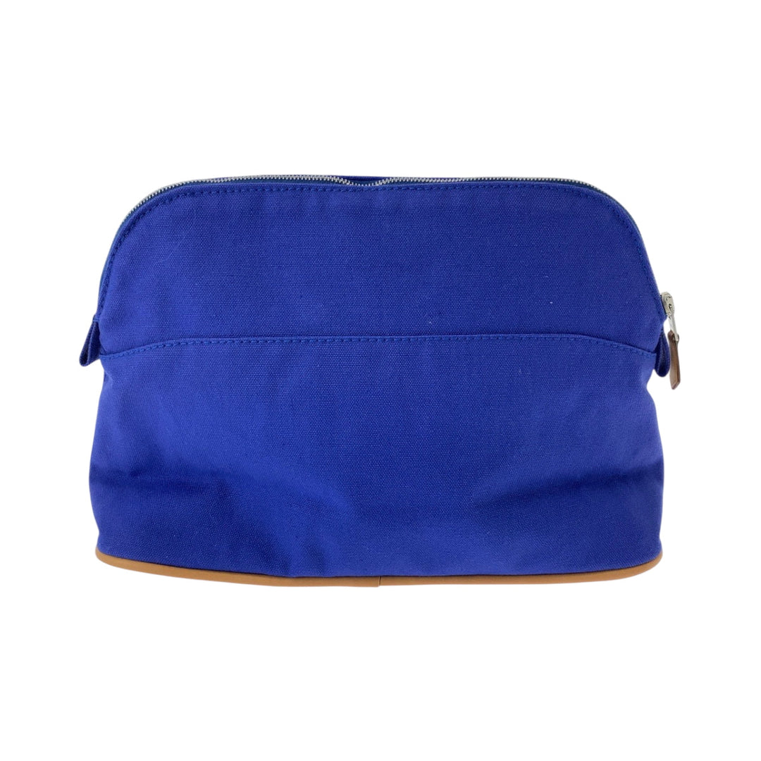 HERMES Pouch cotton Blue Brown SilverMetal Pouch Cosmetics Pouch Bored Women Used Authentic