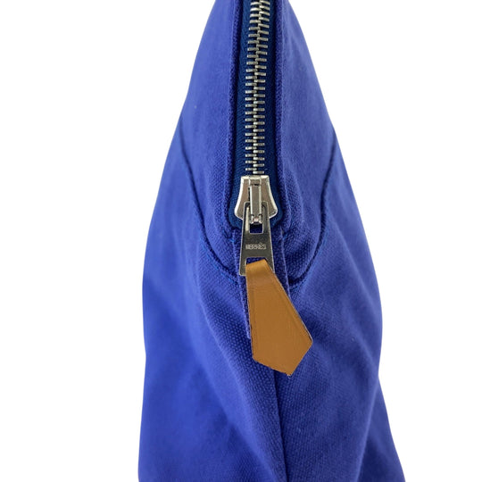 HERMES Pouch cotton Blue Brown SilverMetal Pouch Cosmetics Pouch Bored Women Used Authentic