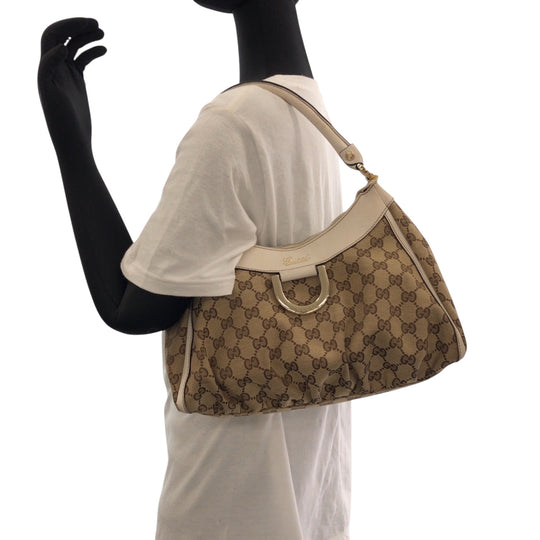 GUCCI Shoulder Bag 190525 GG canvas Beige White Gold Metal Hobo One Shoulder Bag Abbey Women Used Authentic