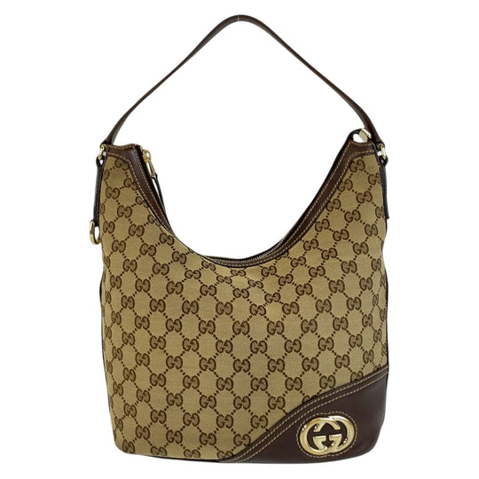 GUCCI Shoulder Bag 182491 GG canvas, leather Beige Brown Gold Metal Interlocking Women Used Authentic