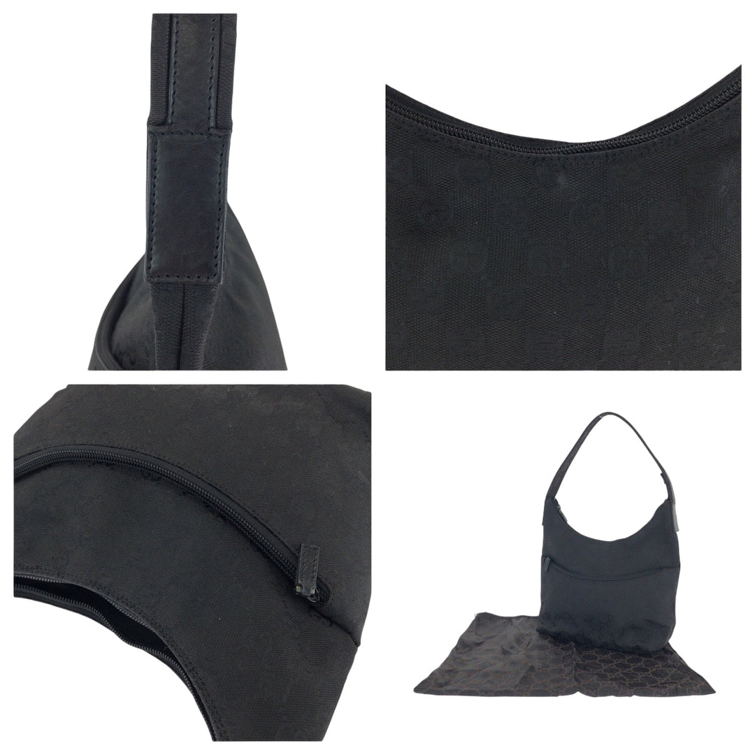 GUCCI Shoulder Bag 001 3386 GG canvas Black SilverMetal Hobo One Shoulder Bag Women Used Authentic
