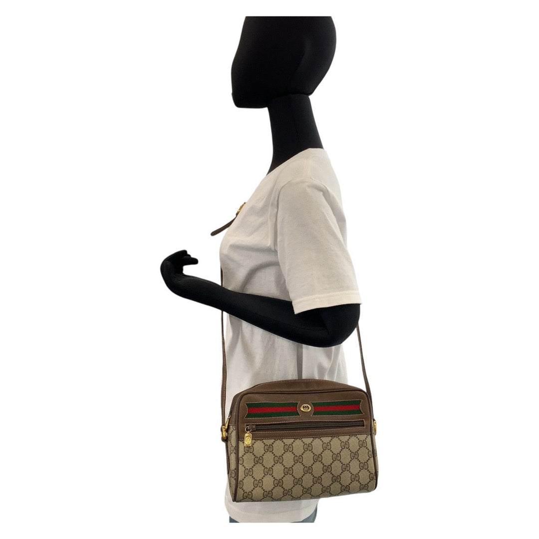 GUCCI Shoulder Bag 119 02 087 PVC, Leather Brown Beige Gold Metal Shoulder Bag pochette Sherry Line Old Gucci Women Used Authentic