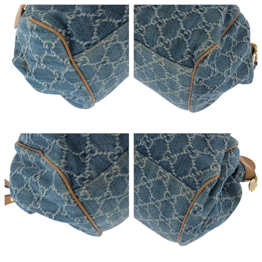 GUCCI Handbag denim Blue Brown Gold Metal Handbag Tote Bag Shoulder Bag Sukey Women Used Authentic