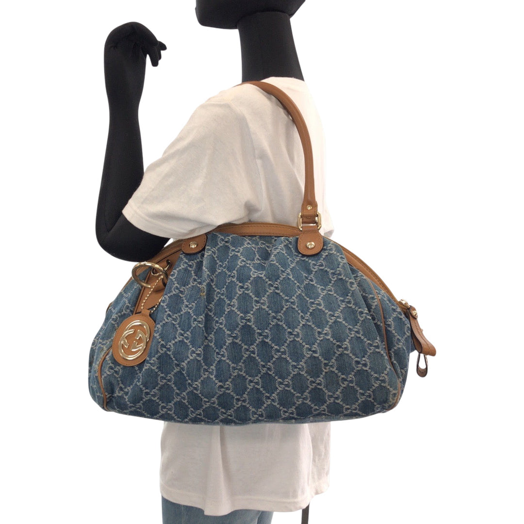 GUCCI Handbag denim Blue Brown Gold Metal Handbag Tote Bag Shoulder Bag Sukey Women Used Authentic