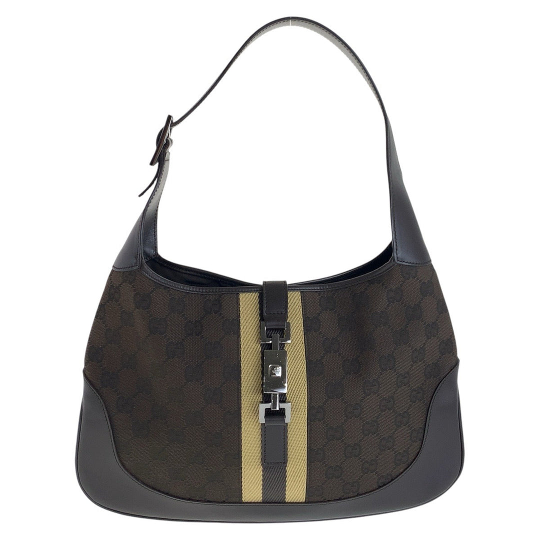 GUCCI Shoulder Bag 00963 GG canvas, leather Brown Silver Metal Shelly Line Jackie Women Used Authentic