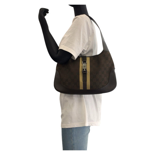 GUCCI Shoulder Bag 00963 GG canvas, leather Brown Silver Metal Shelly Line Jackie Women Used Authentic