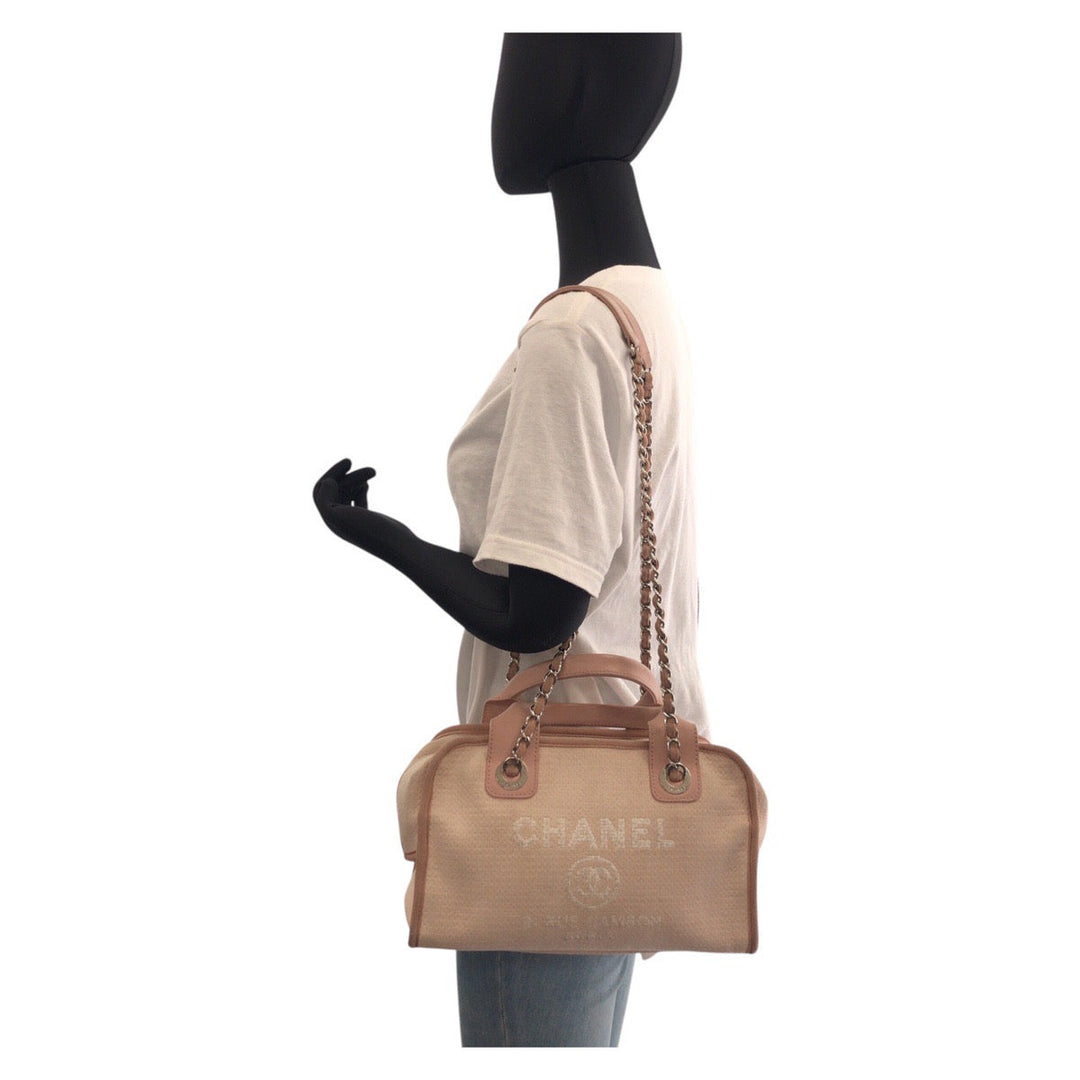 CHANEL Shoulder Bag Canvas, Leather Pink SilverMetal Shoulder Bag handbag Deauville COCO Mark Women Used Authentic