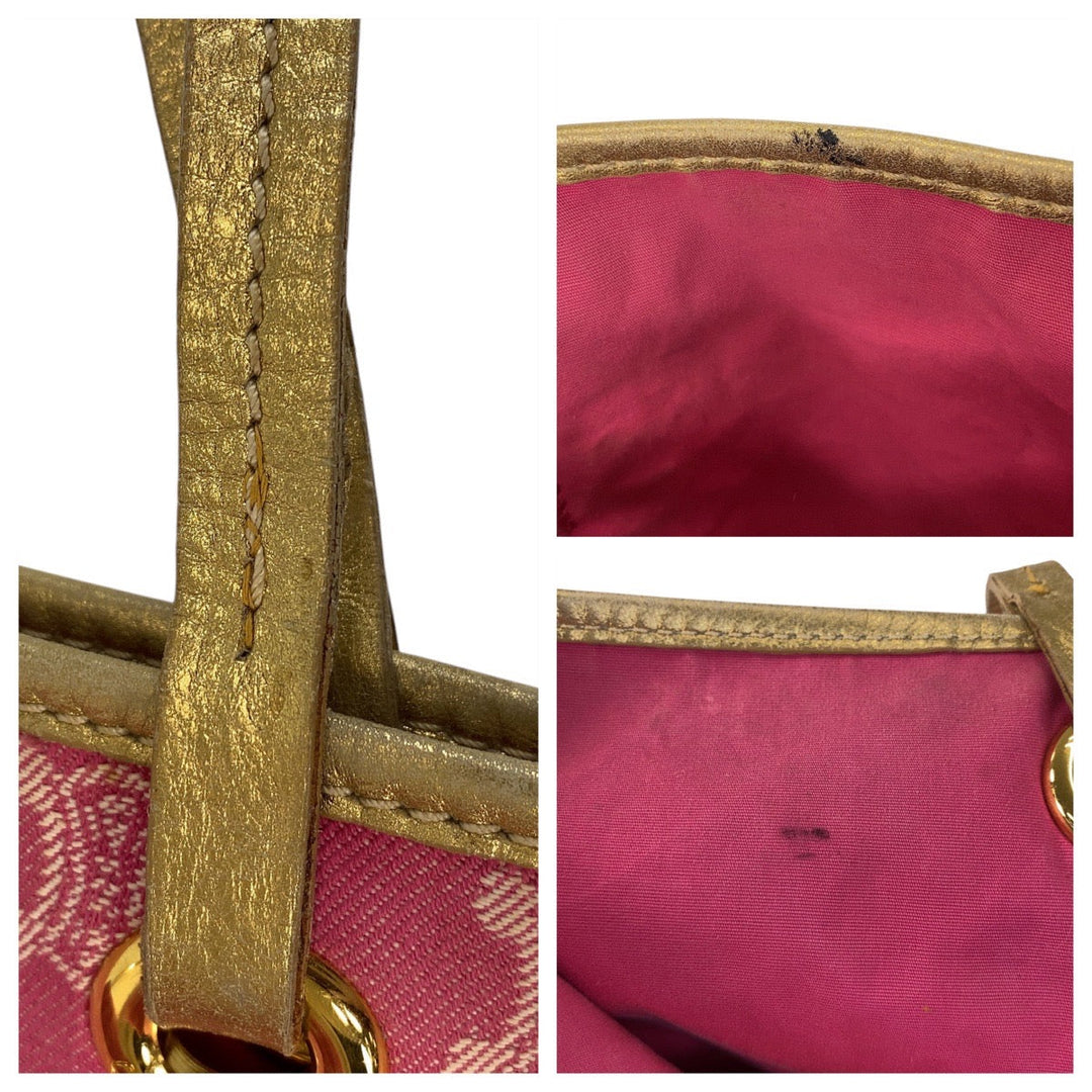 CELINE Tote Bag Canvas, Leather Pink Gold Metal Tote Bag Shoulder Bag Macadam Women Used Authentic