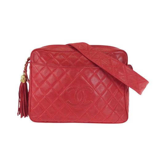 CHANEL Shoulder Bag lambskin Red Shoulder Bag pochette Matrasse COCO Mark Tassel Fringe Women Used Authentic