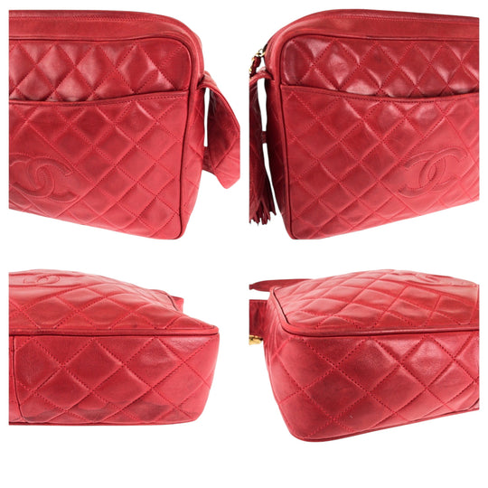 CHANEL Shoulder Bag lambskin Red Shoulder Bag pochette Matrasse COCO Mark Tassel Fringe Women Used Authentic